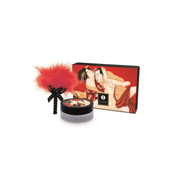 Mini Coffret poudre corporelle fraise/vin pétillant et plumeau assorti 